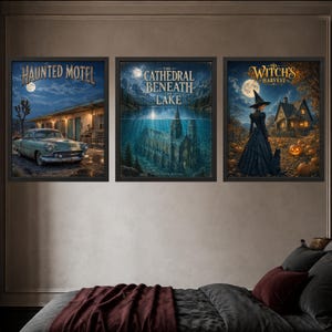 May include: Three framed wall art prints featuring dark fantasy scenes. The left print shows a vintage car at a Haunted Motel. The center print depicts a cathedral submerged in a lake. The right print shows a witch in a pumpkin patch.