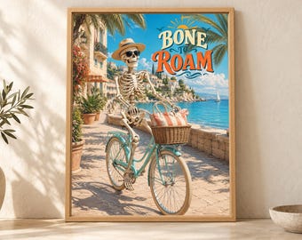 Funny Skeleton Bicycle Print, Mediterranean Vacation Poster (Digital Download)