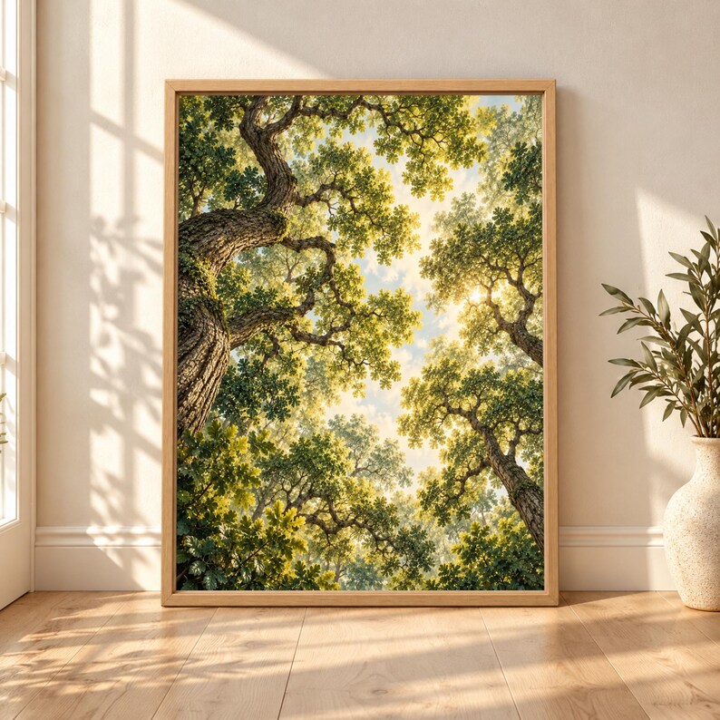 Framed forest canopy wall art showing mature twisting trees viewed from below with green leaves and warm golden sunlight filtering through an opening in the woodland canopy.