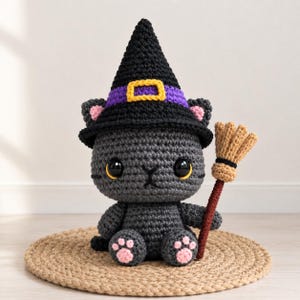 Puede incluir: Una muñeca de gato tejida a ganchillo en gris oscuro que lleva un sombrero de bruja negro puntiagudo con una banda morada y una hebilla amarilla. El gato tiene grandes ojos negros, almohadillas rosas en las patas y sostiene una escoba.