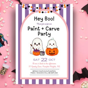 May include: A rectangular Halloween party invitation with purple and white vertical stripes, a pink arch, and a string of orange, black, and purple beads. It features two ghost illustrations, one painting a pumpkin, and text reading Hey Boo! Paint + Carve Party.