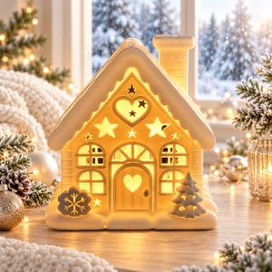 May include: A white ceramic house-shaped luminary featuring cutouts of stars, hearts, a snowflake, and a pine tree. The structure includes a chimney, arched windows, and a central door with a heart-shaped cutout, all illuminated from within.