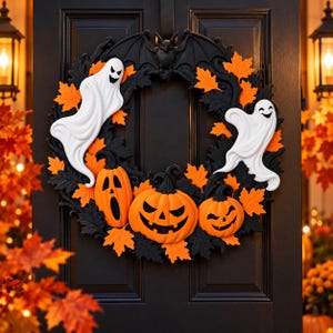 Pode incluir: Uma guirlanda circular de Halloween com um morcego preto no topo, dois fantasmas brancos e três abóboras laranja com rostos esculpidos. A guirlanda é decorada com folhas de bordo pretas e laranja dispostas ao redor das figuras centrais.