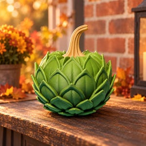 May include: A decorative pumpkin-shaped object featuring a layered, green, artichoke-like petal design and a smooth, light tan stem. The round, textured surface mimics the appearance of overlapping leaves, creating a distinct botanical aesthetic.