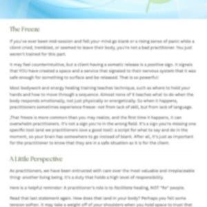 May include: A document titled Holding Space for Release: A Trauma-Informed Guide for Bodywork & Energy Healing Practitioners. The page features a light blue abstract background with a green leaf graphic and text discussing somatic release.