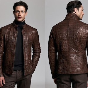Men's Brown Crocodile Embossed Leather Jacket, Stand Collar Zip Jacket