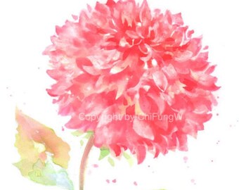 Giclee Art Print. Red DAHLIA. Original Watercolor Flower Painting Art Print -- 8.5"x11"  For botanical art collectors.