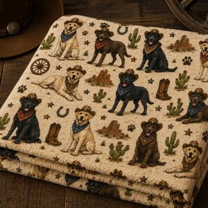 Peut inclure: Une couverture en tissu pliée présentant un motif répétitif de labradors jaunes, chocolat et noirs portant des chapeaux de cowboy et des bandanas. Le design inclut des éléments du désert comme des cactus, des rochers, des bottes et des fers.
