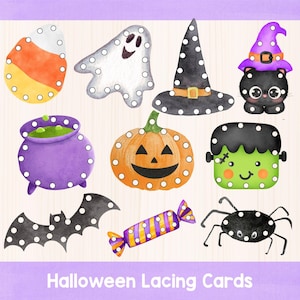Könnte beinhalten: Ein Set aus Halloween-Schnürkarten mit Aquarellillustrationen von Zuckermais, Geist, Hexenhut, Katze mit lila Hut, lila Kessel, Kürbis, Frankenstein-Monster, Fledermaus, Bonbon und Spinne, die jeweils mit vorgestanzten Löchern versehen sind.