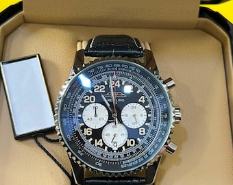 Luxury Men's Breitling Navitimer Watch | Black Chronograph Dial | Black Leather Strap | Classic Aviation Wristwatch
