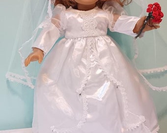 18 Inch doll white Wedding dress, veil and red bridal bouquet by Project Funway on Etsy