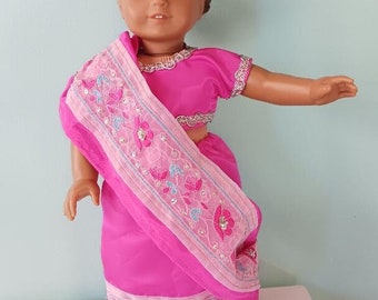 18 Inch Doll Indian Sari outfit with head piece, in hot pink and lux trims by Project Funway on Etsy