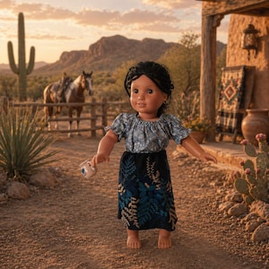 May include: A doll wearing a blue floral top and a dark blue skirt with a floral pattern, holding a small cup. The doll has dark hair and is standing on a dirt path in front of a desert landscape with a cactus and horses.
