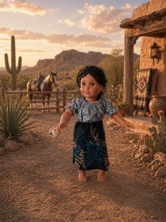 18 Inch doll outfit, Southwestern style 3 piece outfit, beautiful embroidered skirt and peasant top, and mug by Project Funway on Etsy