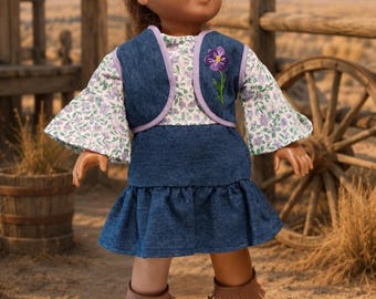 18 Inch doll clothes, denim skirt, vest, blouse and concho ribbon belt by Project Funway on Etsy
