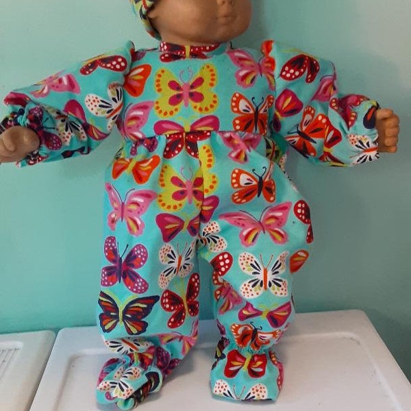 Bitty Baby Doll butterfly patter on light blue flannel footed sleeper or pajamas, 15 or 16 inch doll by Project Funway on Etsy