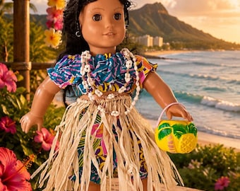 ALOHA! Hawaiian hula outfit for your popular 18 inch dolls - grass skirt, panties, top, plastic pineapple basket and shell necklace