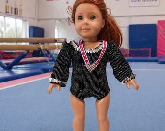 18 Inch Doll gymnastic leotard and metal, perfect gift for girl gymnast, black sparkly doll leotard, by Project Funway on Etsy.