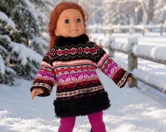 18 Inch Doll outfit, faux fir trimmed tunic sweater and leggings and fringed suede boots by Project Funway on Etsy