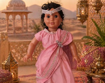 18 Inch Doll Indian Sari outfit with sash in pink and silver with bindi headband by Project Funway on Etsy