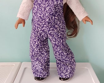 18 Inch doll long Purple print bib overalls with white long sleeve top  by ProjectFunway on Etsy