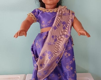 18 Inch Doll Indian Sari outfit with head piece, in purple and gold lux fabric by Project Funway on Etsy