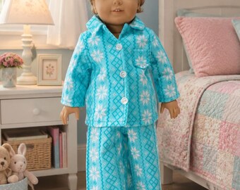 18 inch doll 2 piece flannel pajamas, so cute, light teal Nordic design by Project Funway on Etsy