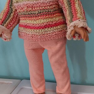 18 Inch Doll outfit, Sweater tunic in coral, yellow and orange strips with light coral leggings , by Project Funway on Etsy image 3