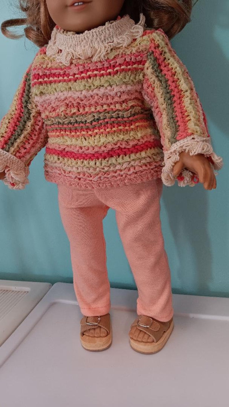 18 Inch Doll outfit, Sweater tunic in coral, yellow and orange strips with light coral leggings , by Project Funway on Etsy image 3