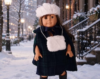 18 Inch Victoria green and blue tartan plaid cape, faux fir hat and muff, by ProjectFunway on Etsy