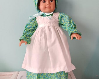 18 Inch doll historic long dress, pinafore and bonnet , by Project Funway on Etsy