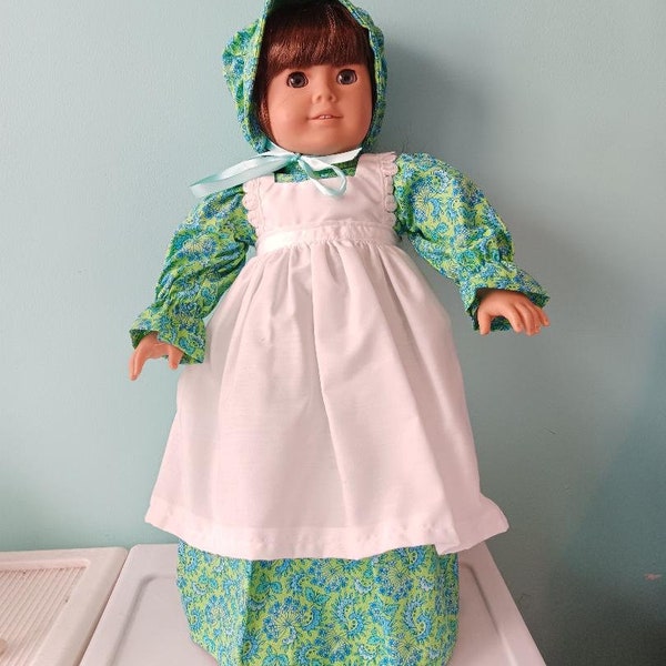 18 Inch doll historic long dress, pinafore and bonnet , by Project Funway on Etsy