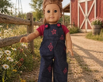 18 Inch doll long blue denim with red flower print bib overalls with pink tee shirt by ProjectFunway on Etsy