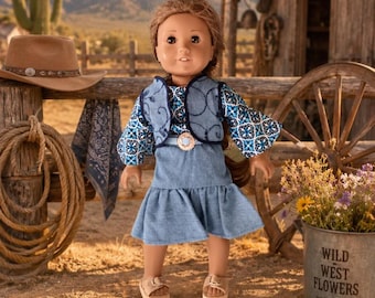 18 Inch doll clothes, denim skirt, vest, blouse and concho ribbon belt by Project Funway on Etsy