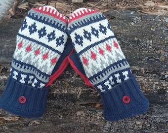 Warm Sweater Mittens, Navy and red Fair Isle, Unique Women's Mittens Recycled from Sweaters, Upcycled Gifts for Her, Minnesota Made