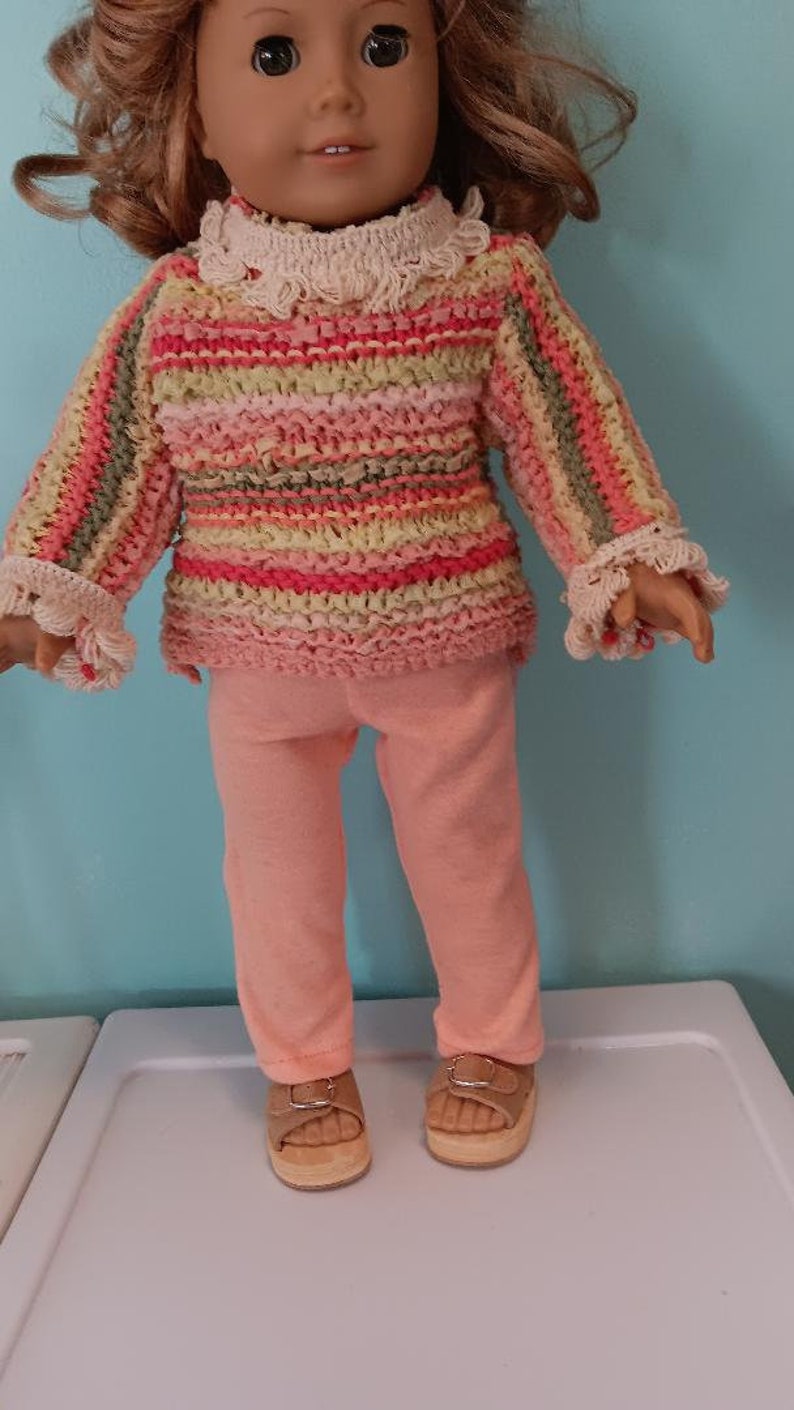 18 Inch Doll outfit, Sweater tunic in coral, yellow and orange strips with light coral leggings , by Project Funway on Etsy image 5