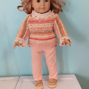 18 Inch Doll outfit, Sweater tunic in coral, yellow and orange strips with light coral leggings , by Project Funway on Etsy image 1