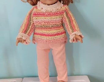 18 Inch Doll outfit, Sweater tunic in coral, yellow and orange strips with light coral leggings , by Project Funway on Etsy