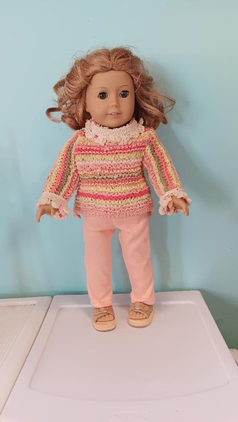 18 Inch Doll outfit, Sweater tunic in coral, yellow and orange strips with light coral leggings , by Project Funway on Etsy image 1