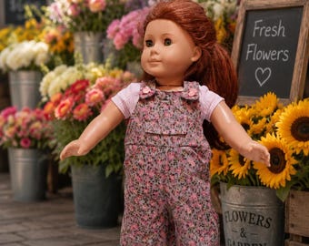 18 Inch doll Long pink and gray print corduroy long overalls with pink tee shirt, by Project Funway on Etsy