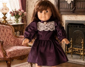 18 Inch historic Doll drop-waist Samantha historic party dress in beautiful eggplant purple taffeta with lace insert