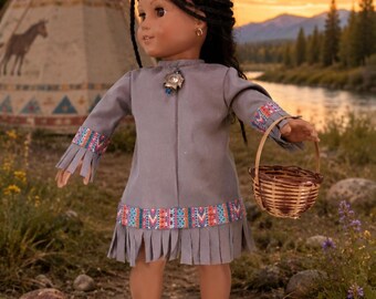18 Inch doll homemade doll Clothes, perfect for Kaya, suede Native American dress and wicker basket of fruit, by Project Funway on Etsy
