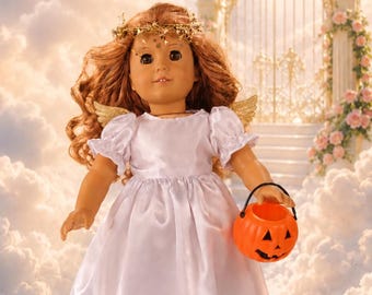18 Inch doll Angel Halloween Costume, with sewn in wings and gold star halo and pumpkin by Project Funway on Etsy