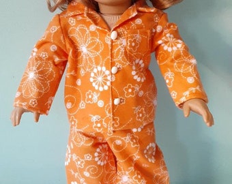 Outift for 18 inch doll, 2 piece orange and white print flannel pajamas  by Project Funway on Etsy