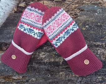 Cozy Sweater Mittens | Red and White Nordic | Unique Women's Mittens Recycled from Sweaters | Upcycled Gifts for Her | Minnesota Made