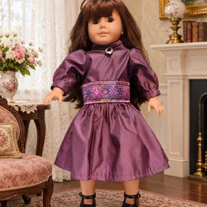 18 Inch historic Doll drop-waist Samantha historic party dress in beautiful purple taffeta with lace insert