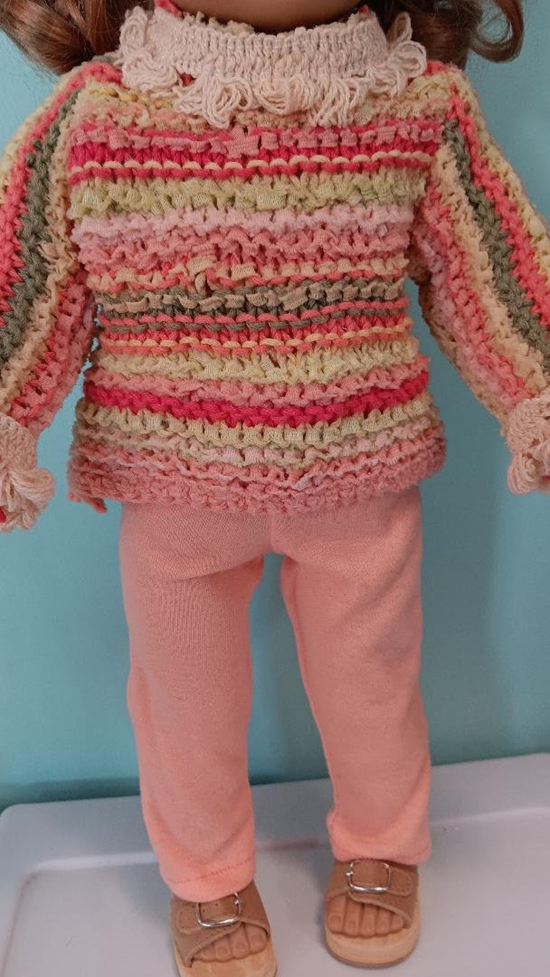 18 Inch Doll outfit, Sweater tunic in coral, yellow and orange strips with light coral leggings , by Project Funway on Etsy image 4