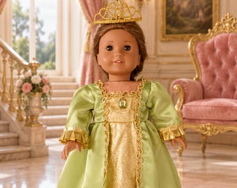 Lime green and gold Princess dress with gold tiara for popular 18 inch Dolls, made  by Project Funway on Etsy