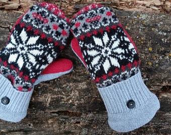 Warm  Sweater Mittens | black, red, gray and white Nordic | Women's Mittens Recycled from Sweaters | Upcycled Gifts for Her | Minnesota Made