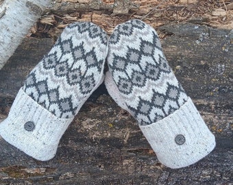 Warm Sweater Mittens | light gray and dark gray Nordic l Women's Mittens Recycled from Sweaters | Upcycled Gifts for Her | Minnesota Made